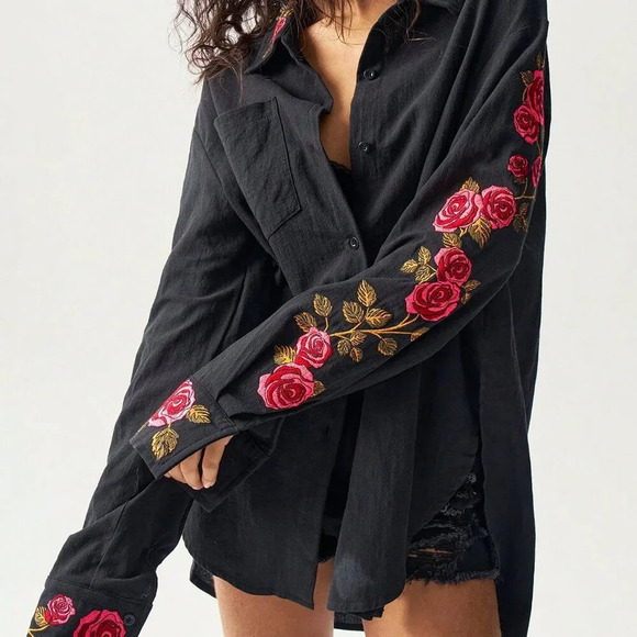 Tops - Black Casual Women's Loose Woven Asymmetrical Hem Long Sleeve Long Shirt